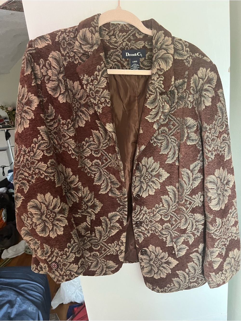 Denim&Co Brown Floral Jacquard Blazer with Cream Accents
